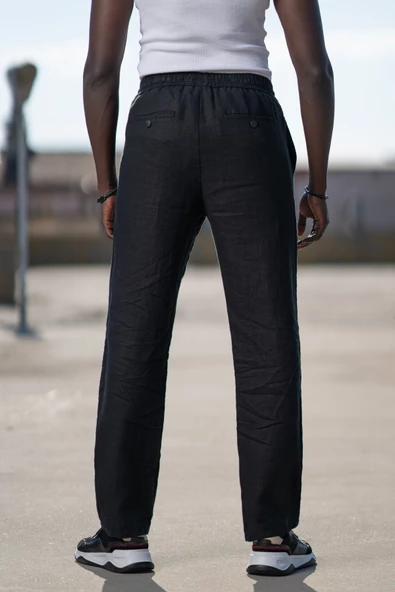 Beli Lastikli Ve İplikli %100 Linen Kumaş Orjinal Keten Bol Paça İnce Yazlık Baggy Pantolon - 9