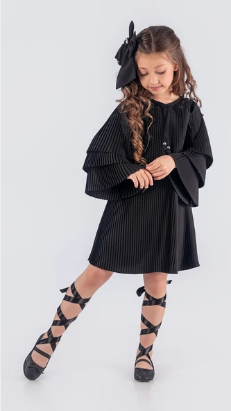 Kız Çocuk Krep Plise Elbise MNK0595 - 3