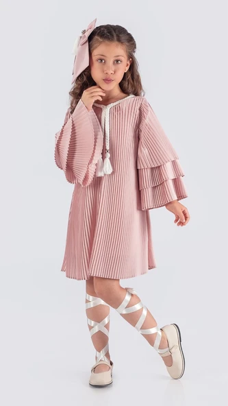 Kız Çocuk Krep Plise Elbise MNK0595 - 4