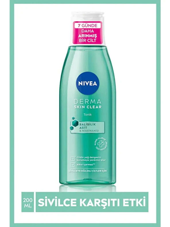 NIVEA Derma Skin Clear Niasinamid ve Salisilik Asit (BHA) İçeren Sivilce Karşıtı Yüz Temizleme Tonik 200ml, Karma ve Yağlı Ciltler ürün görseli 1