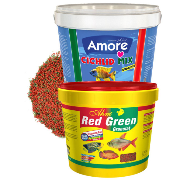 Amore Cichlid Mix Granules Ve Red Green 3+3 Kg Etçil Ciklet Protein Ve Bitkisel Algae Kova Balık Yemi Ahm