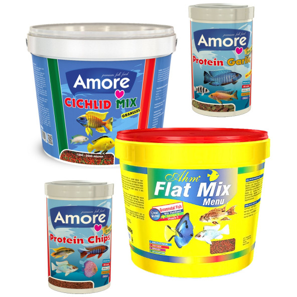 Amore Cichlid Mix 3Kg, Ahm Flat Mix 3Kg Kova, 2x250ml Kutu Karışık Balık Yemi