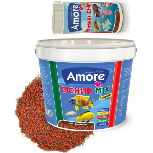 Amore Cichlid Mix 3 Kg Kova + Protein Pro Chips 250ml Kutu Akvaryum Balık Yemi