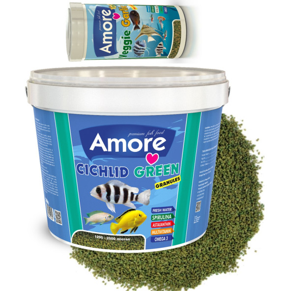 Amore Cichlid Green 3 Kg Kova + Veggie Garlic Pro Chips 250ml Kutu Akvaryum Balık Yemi