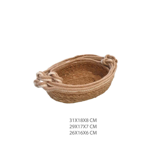 Hasır Sepet Oval Hasır Örgülü 3'lü Kulplu Çok Amaçlı Sepet Düzenleyici Organizer