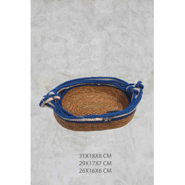 Hasır Sepet Oval Hasır Örgülü 3'lü Kulplu Çok Amaçlı Sepet Düzenleyici Organizer