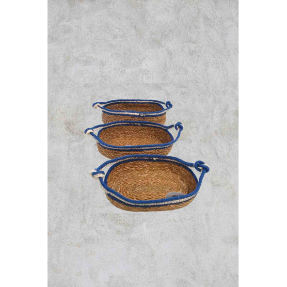 Hasır Sepet Oval Hasır Örgülü 3'lü Kulplu Çok Amaçlı Sepet Düzenleyici Organizer - 2