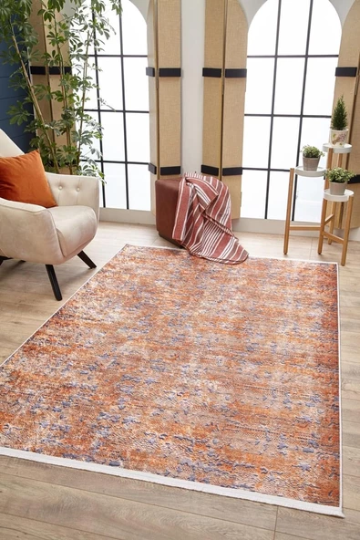 Halı Atölyesi Turuncu Salon&Yolluk Dijital Baskılı Makinede Yıkanabilir Kaymaz Taban Saçaklı Halı HA477 - 3