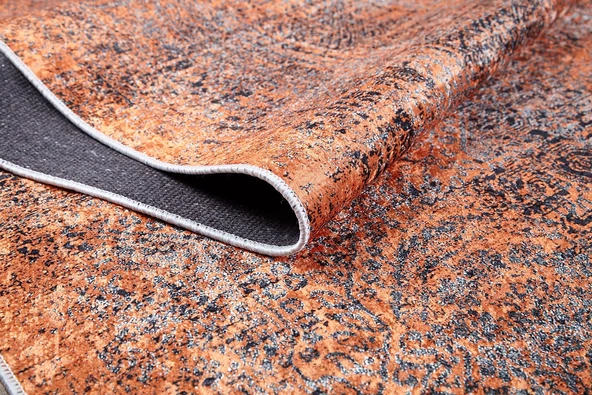 Halı Atölyesi Turuncu Salon&Yolluk Dijital Baskılı Makinede Yıkanabilir Kaymaz Taban Saçaklı Halı HA448 - Resim 2