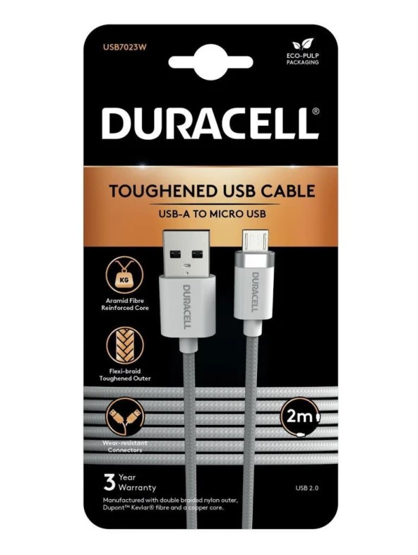 Duracell 2m USB-A to Micro USB Örgülü Şarj Kablosu - Beyaz