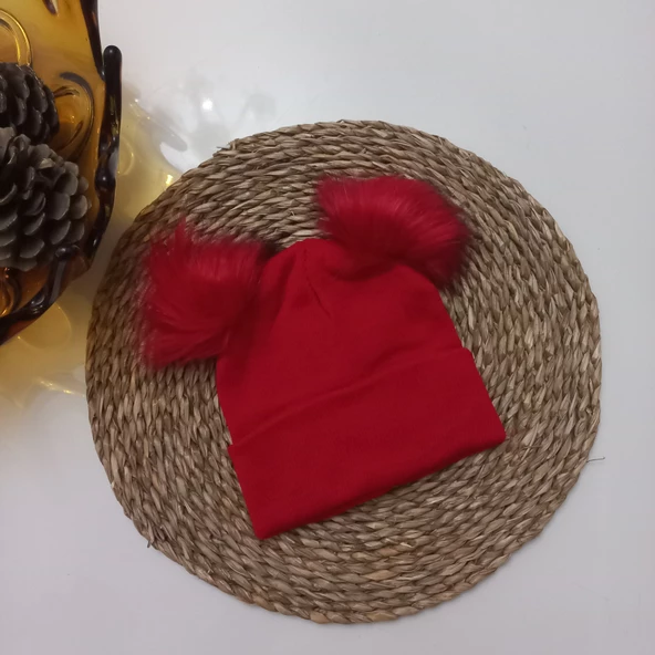 MARS BABY Kız Bebek Çocuk Düz Kırmızı Çift Ponponlu Bere
