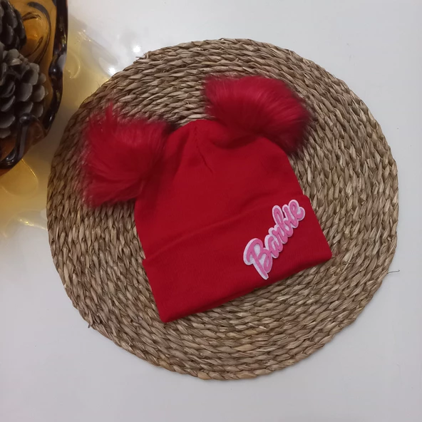 MARS BABY Kız Bebek Çocuk Barbie Figürlü Kırmızı Çift Ponponlu Bere