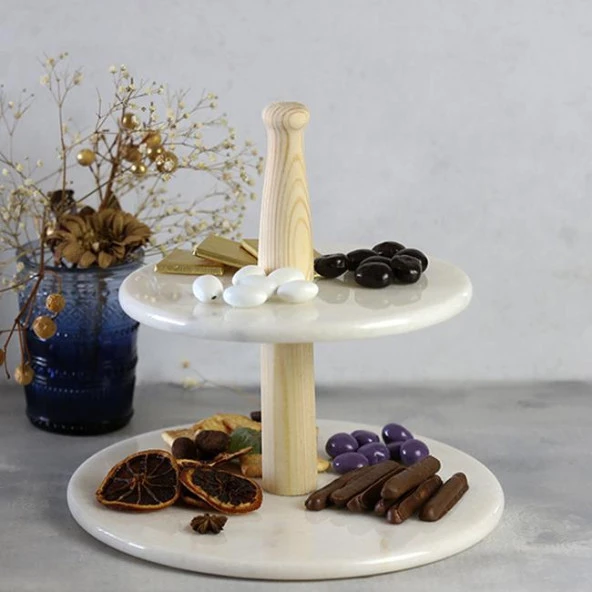 Akayev Mermer Ahşap Ayaklı İki Katlı Sunum Tabağı