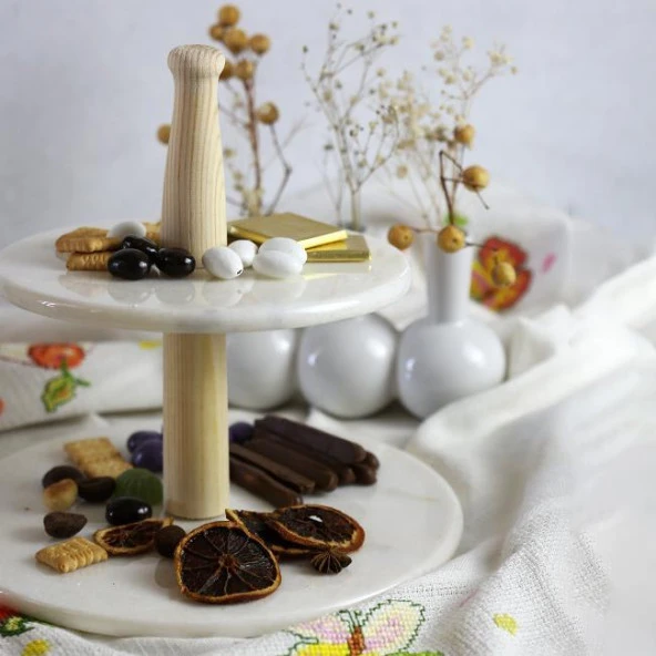 Akayev Mermer Ahşap Ayaklı İki Katlı Sunum Tabağı - 3