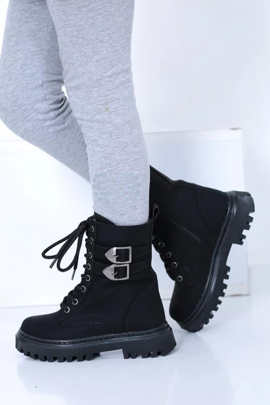 Lady Classy Kız Çocuk Fermuarlı Toka Detaylı Siyah Yanı Şerit Bot