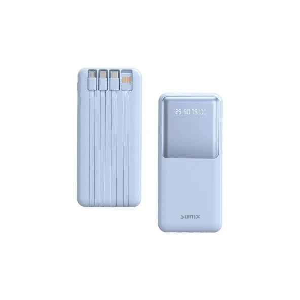 Sunix 12000 Mah Dijital Göstergeli Dahili Çoklu Kablolu Taşınabilir Powerbank Mavi PB-49