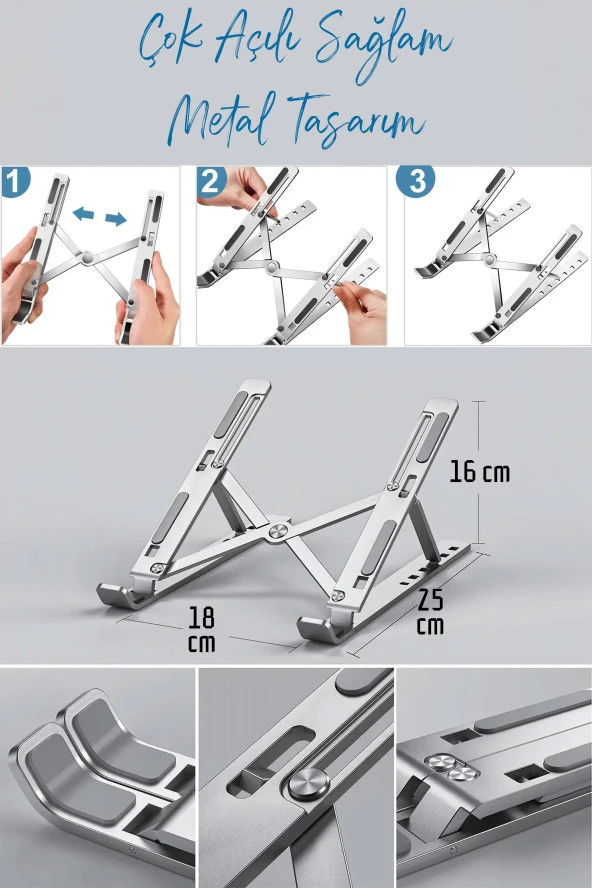 Metal Laptop Tablet Standı Tüm Modellerle Uyumlu Yükseltici Açı Ayarlı Katlanır Tablet Tutucu - 4