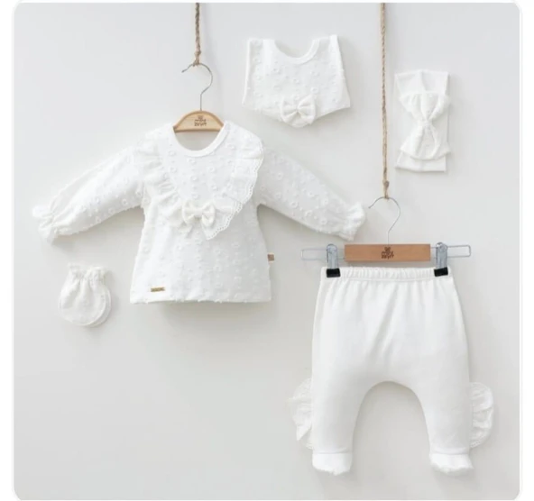 Yakası Dantelli Kız Bebek Zıbın Set 5 Parça - 11