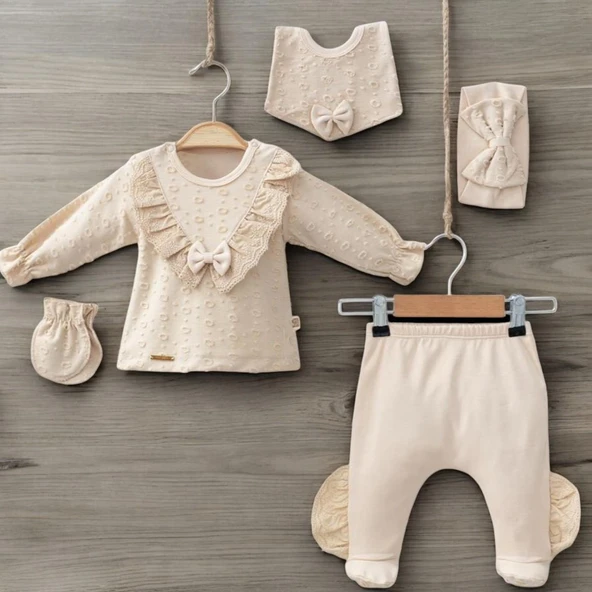Yakası Dantelli Kız Bebek Zıbın Set 5 Parça - 2