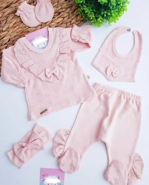Yakası Dantelli Kız Bebek Zıbın Set 5 Parça - 4