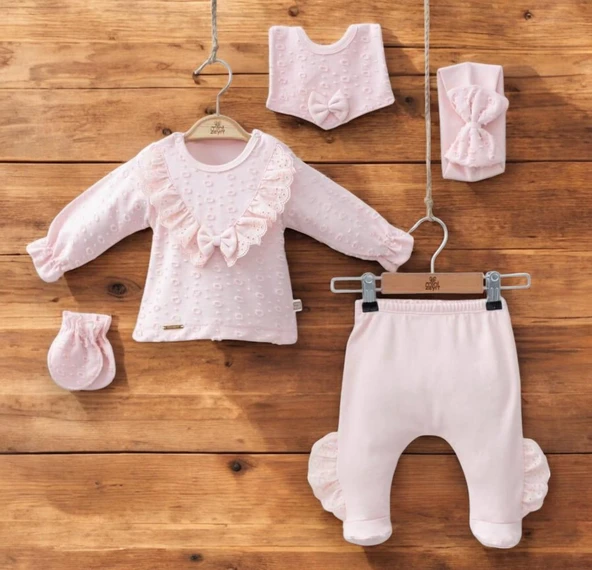 Yakası Dantelli Kız Bebek Zıbın Set 5 Parça - 7