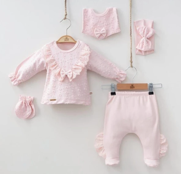 Yakası Dantelli Kız Bebek Zıbın Set 5 Parça - 3