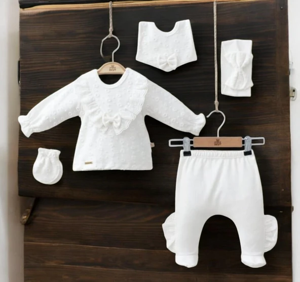 Yakası Dantelli Kız Bebek Zıbın Set 5 Parça - 10