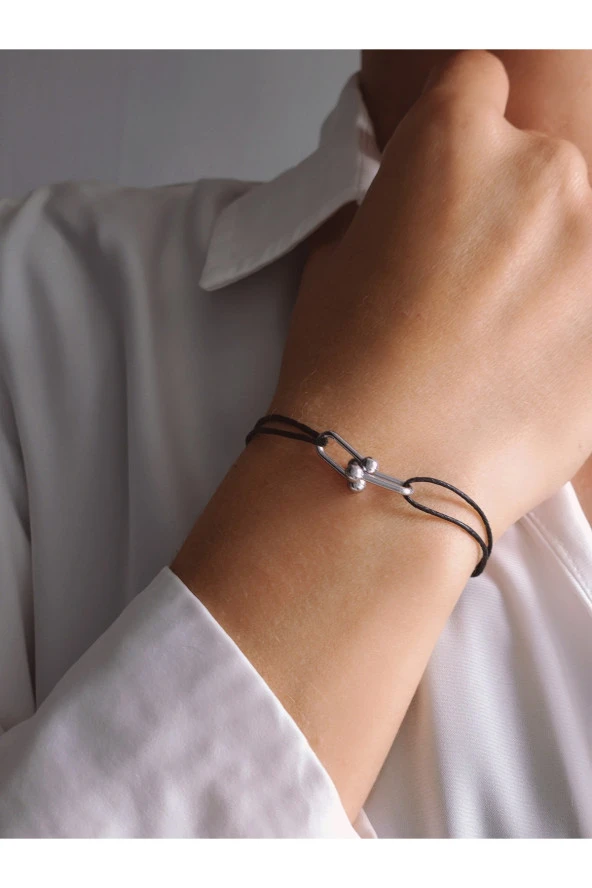 Ataç  Model Deri İpli El Yapımı Silver Siyah Renkli Bileklik - 1