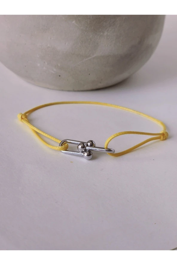 Ataç Model Deri İpli El Yapımı Silver Sarı Renkli Bileklik - Resim 2