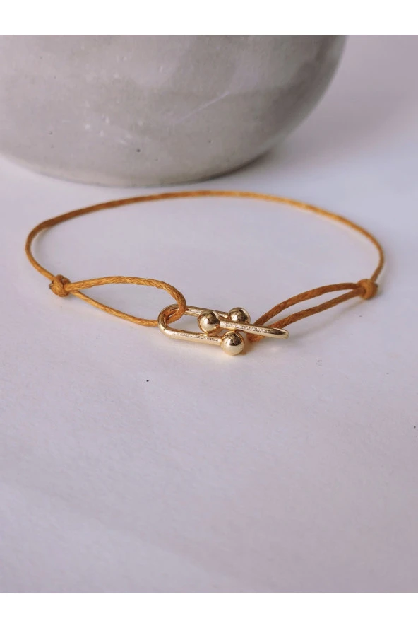 Ataç Model Deri İpli El Yapımı Gold Hardal Camel Renkli Bileklik - Resim 2