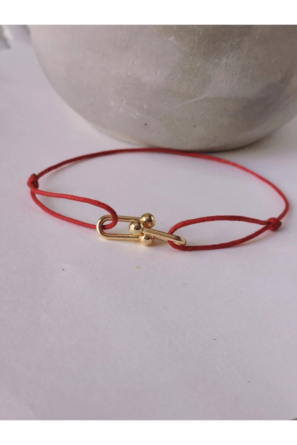 Ataç Model Deri İpli El Yapımı Gold Kırmızı Renkli Bileklik - Resim 2