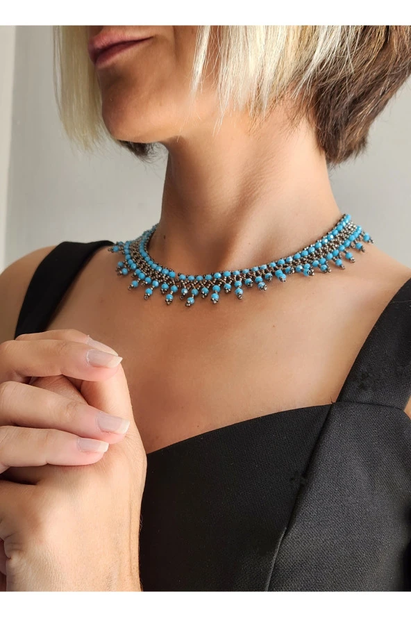 Etnik Bohem Gri Turkuaz Salkım Model Kum Kristal Boncuk  Kolye El Yapımı - 2