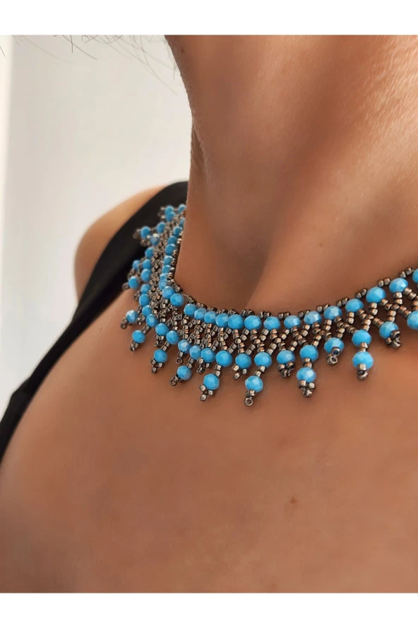 Etnik Bohem Gri Turkuaz Salkım Model Kum Kristal Boncuk  Kolye El Yapımı - 3