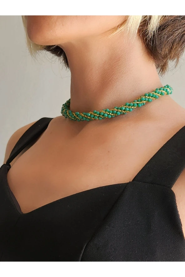 Etnik Bohem Sarmal Dönmeli Model Kristal Yeşil Gold Kristal Boncuk Kolye ürün görseli