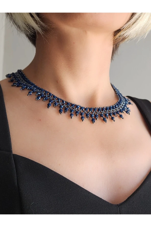 Etnik Bohem Petrol Yeşili Salkım Model Kum Kristal Boncuk Kolye El Yapımı