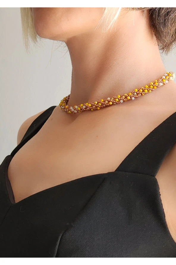 Etnik Bohem Sarmal Dönmeli Model Kristal Sarı Kristal Boncuk Kolye - 2