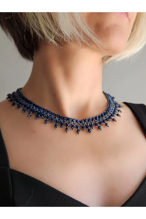 Etnik Bohem Petrol Yeşili Salkım Model Kum Kristal Boncuk Kolye El Yapımı - 2