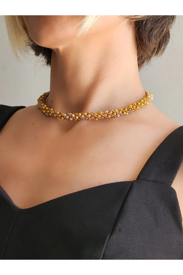 Etnik Bohem Sarmal Dönmeli Model Kristal Sarı Kristal Boncuk Kolye - 3