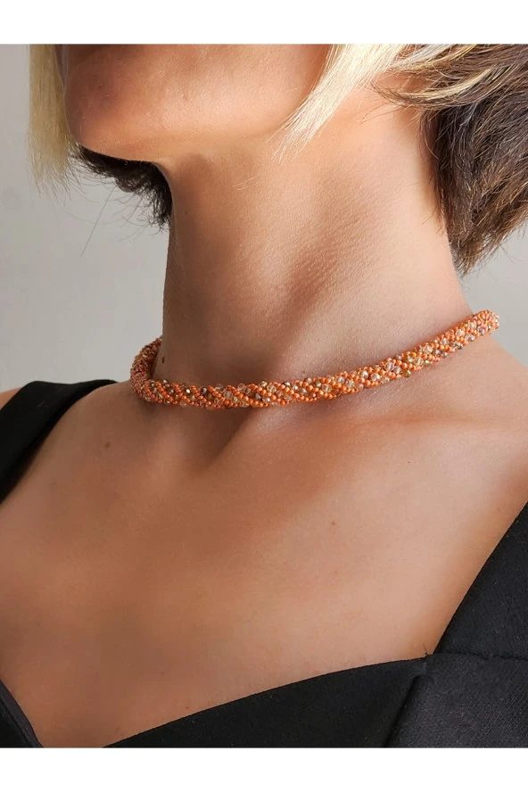 Etnik Bohem Sarmal Dönmeli Model Kristal Turuncu Kristal Boncuk Kolye - 2