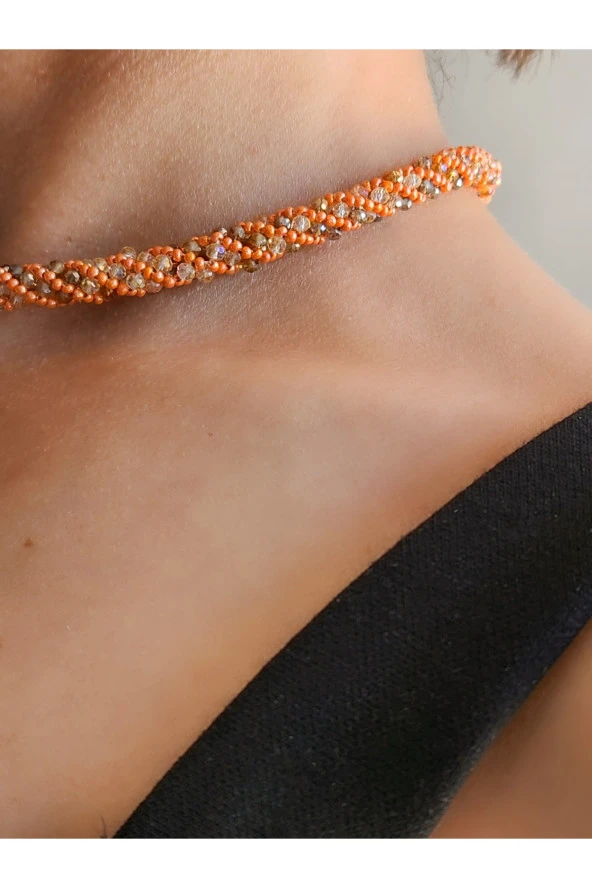 Etnik Bohem Sarmal Dönmeli Model Kristal Turuncu Kristal Boncuk Kolye - 3