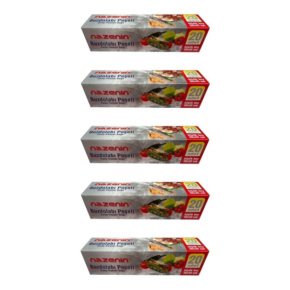 Nazenin Düz Kilitsiz Şeffaf Büyük Boy Buzdolabı Yemek Gıda Poşeti Torbası- 30x45 Cm. - 20'li 5 Paket