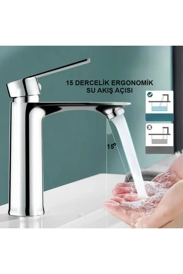 Rena Desıgn Krom Lavabo Bataryası Gümüş Paslanmaz Garantili Musluk Prinç Aç Kapa Ergonomik