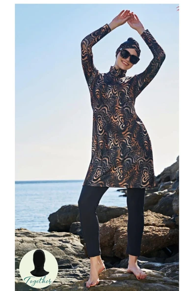 Ruko Maio 23121-6 Çift Eşarp ve Tesettür Boneli Balıkçı Yaka Lycra Kumaş Tam Tesettür Mayo ürün görseli