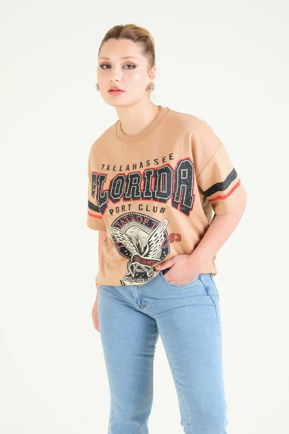 Kadın Baskılı Oversize T-Shirt Camel