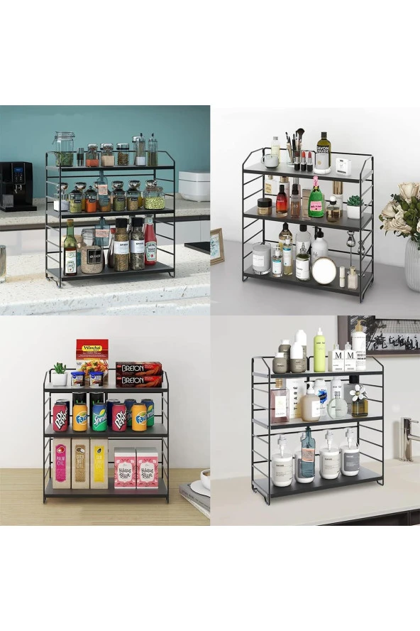 Ayarlanabilir Raflı 40cm Baharatlık, Organizer, Düzenleyizi Tezgahüstü Banyo, Mutfak, Ofis Model-1 Siyah - 2