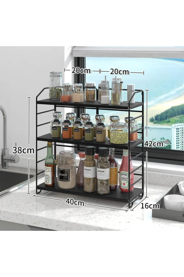 Ayarlanabilir Raflı 40cm Baharatlık, Organizer, Düzenleyizi Tezgahüstü Banyo, Mutfak, Ofis Model-1 Siyah - 3