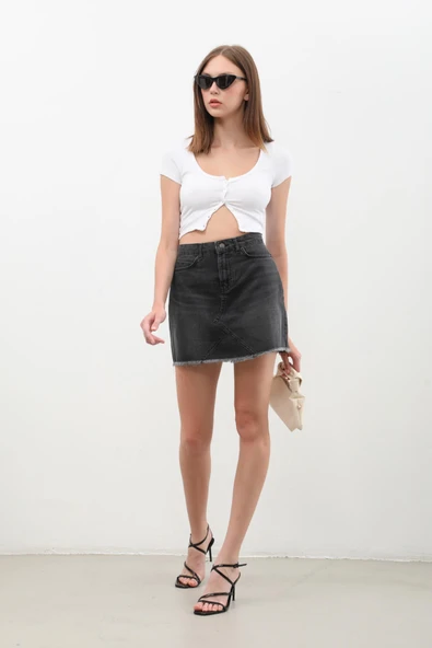 Püsküllü Mini Jean Etek - 4
