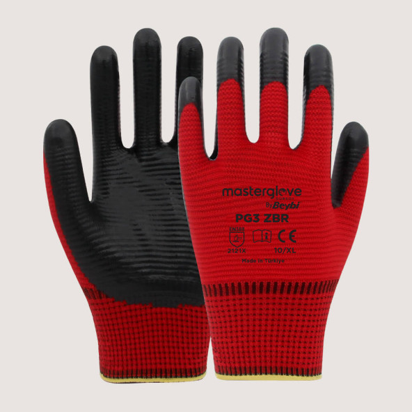 Master Glove PG3 Zebra Kırmızı Polyester Örme Nitril İş Eldiveni 10 Beden ( Toplam 12 Çift )