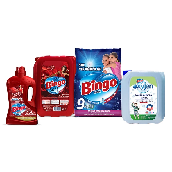 "Dev Ekonomi Paketi ; Bingo Matik 9 kg Sık Yıkananlar + Bingo Soft 5 ltLovely + Bingo Fresh 2,5 lt Lovely +  Bingo Oksijen Çam"