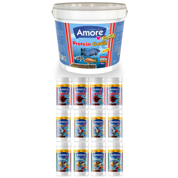 Amore Protein Garlic Malawi Ciklet 2.4Kg Pro Chips Kova Balık Yemi,Betta-Goldy Mix-Tropikal- 4x125ml